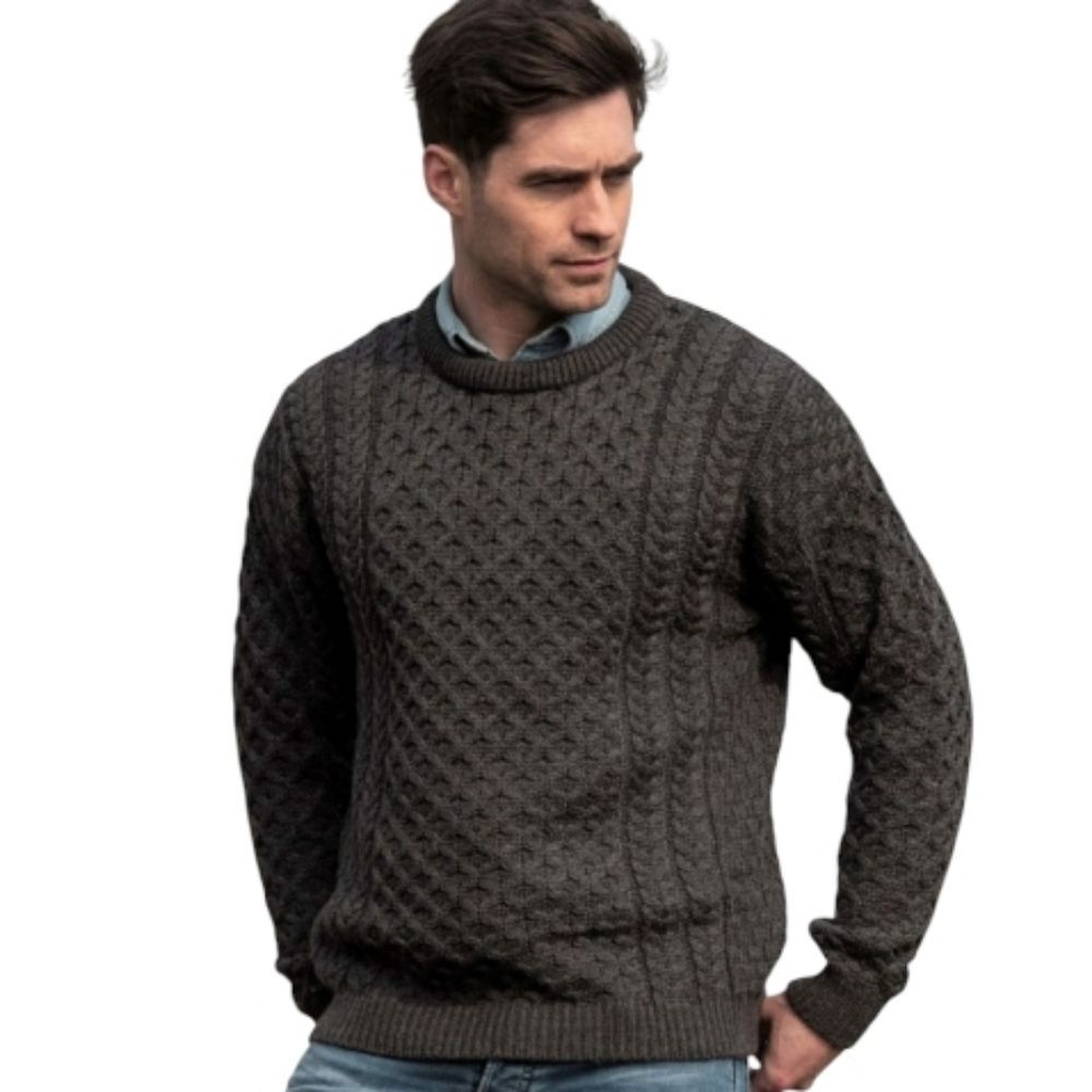 Ireland Aran Crafts Men's Charcoal Gray Cable Knit Crewneck Sweater Wool